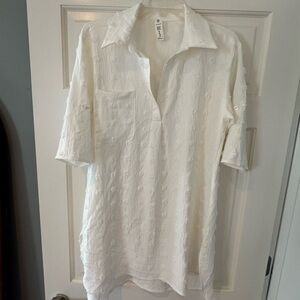 White polka dot Textured Button-Up swim collared Shirt coverup